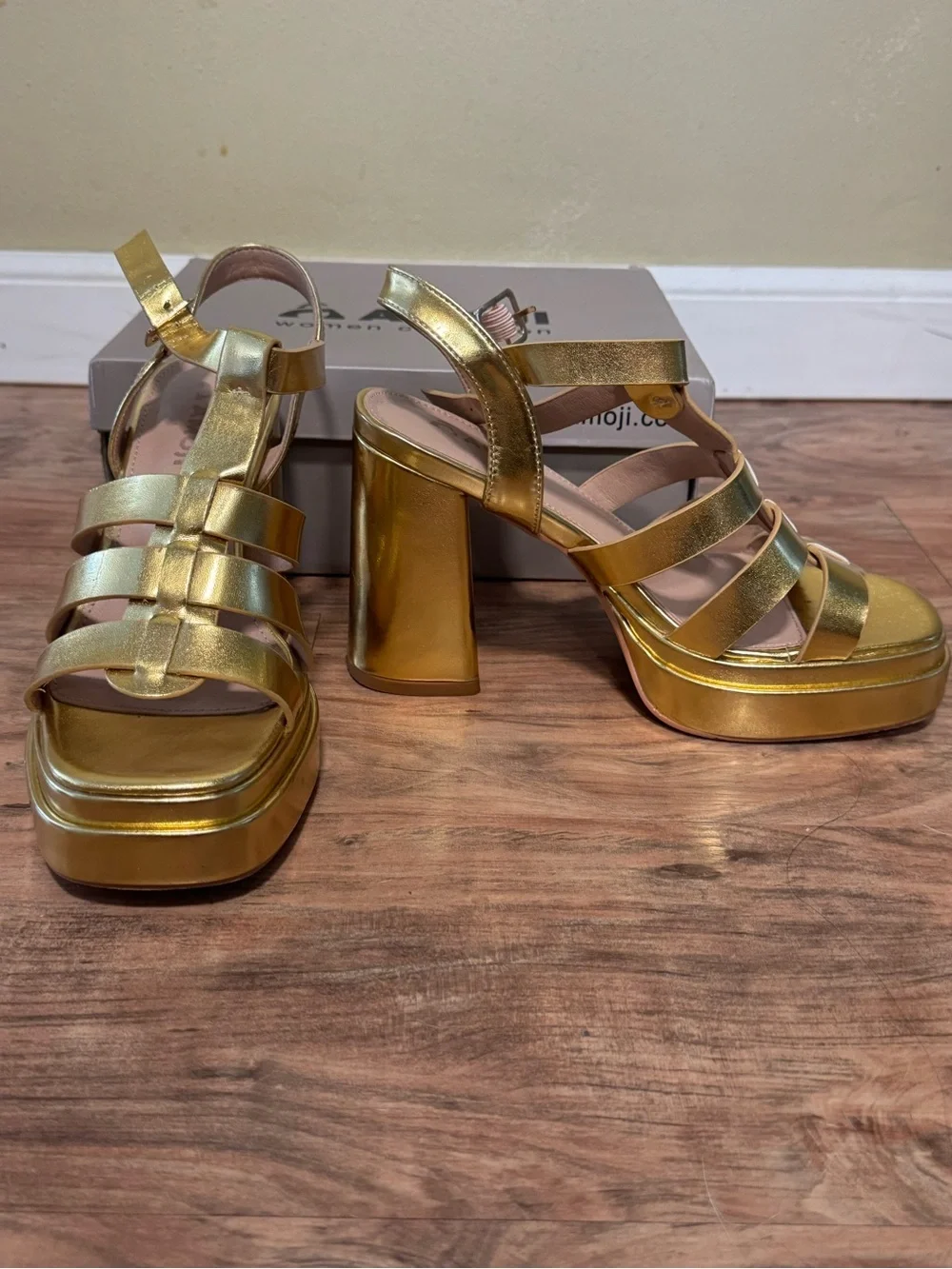 Metallic Gold Platform Strappy Sandals - Women's Dress Heel